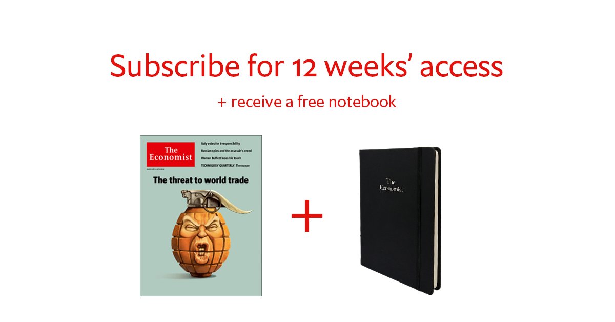 TheEconomist's tweet photo. Subscribe to The Economist for a fresh perspective on the issues shaping our world. Get 12 weeks' access with our limited-time offer and enjoy a free notebook https://t.co/ucQjrjudnM https://t.co/iHys65iu8J