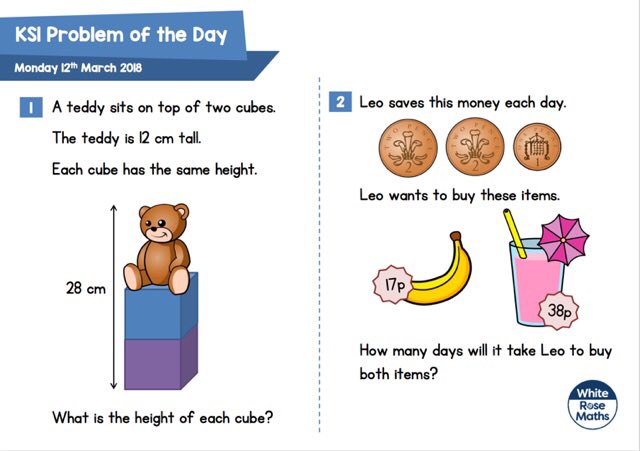 WhiteRoseEd's tweet photo. We hope you’ve had a restful weekend. 
⭐️ Here’s tomorrow’s KS1 Problem of the Day. Have fun! https://t.co/BVCWaVJe7S https://t.co/kepI2BsL53