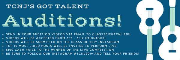 TCNJco2019's tweet photo. Junior Class Council is presenting the annual Junior Class event "TCNJ's Got Talent!" This year contestants can win a grand prize of $100! Below is how to sign up

-SIGN UP USING THE FOLLOWING LINK https://t.co/2p3ydIynvH

-VIDEOS WILL BE ACCEPTED FROM 3/2 - 3/12 (MIDNIGHT) https://t.co/W2BS3v0VtB
