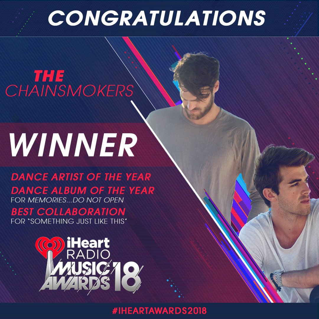 iHeartRadio's tweet photo. Something just like this has us feeling good tonight! Congrats on the #BestCollaboration win -  @TheChainsmokers and @coldplay. https://t.co/o7W6ud9Voz
