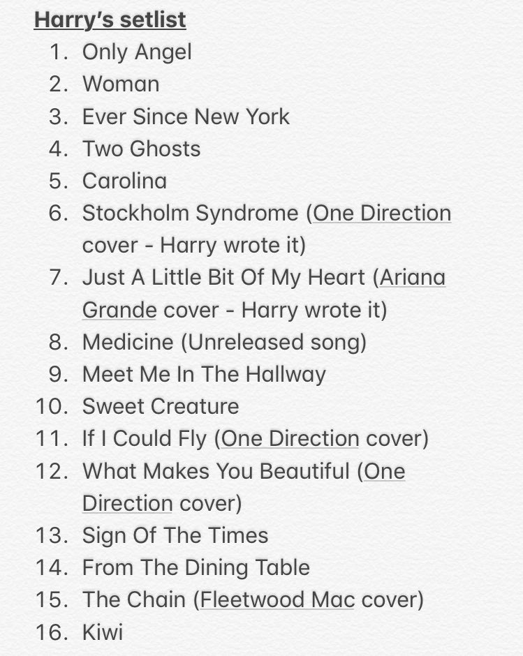 1Dliveupdates's tweet photo. Here’s Harrys setlist from the opening night of tour in Basel, Switzerland https://t.co/I4VRLky2Uv