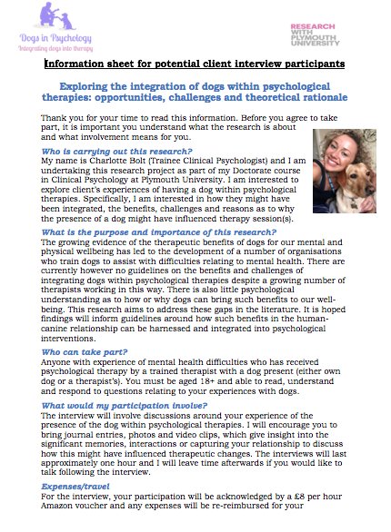 DogInPsychology's tweet photo. @PaulOGrady_FC  I wonder whether Paul or anyone might be interested in my PhD research about integrating dogs into Psychological Therapies? Please check out @DogInPsychology  and Dogs in Psychology on Facebook for more details. Thank you :) https://t.co/g7ei9HhBkd