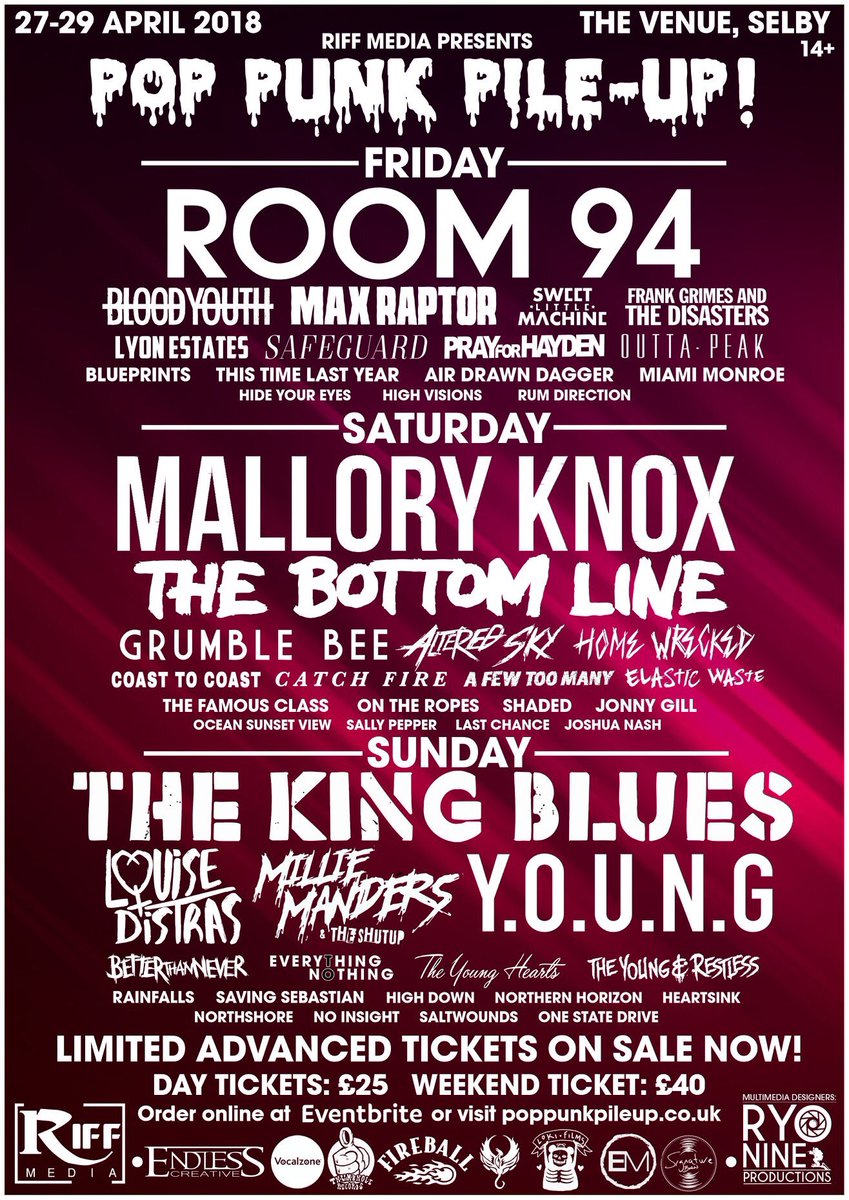 pileupfestival's tweet photo. @KerrangMagazine @KerrangRadio @BBCR1 @Radio1RockShow @rocksound @AltPress @XfmManchester @alexbakerman @DanielPCarter @loz_guest 
Have you seen our amazing lineup here @PopPunkPileUp1 in Selby??!! 👀

#malloryknox #bloodyouth #grumblebee &amp; Co 🔥
#festival #poppunk #rock #selby https://t.co/I0gkwbCzmG