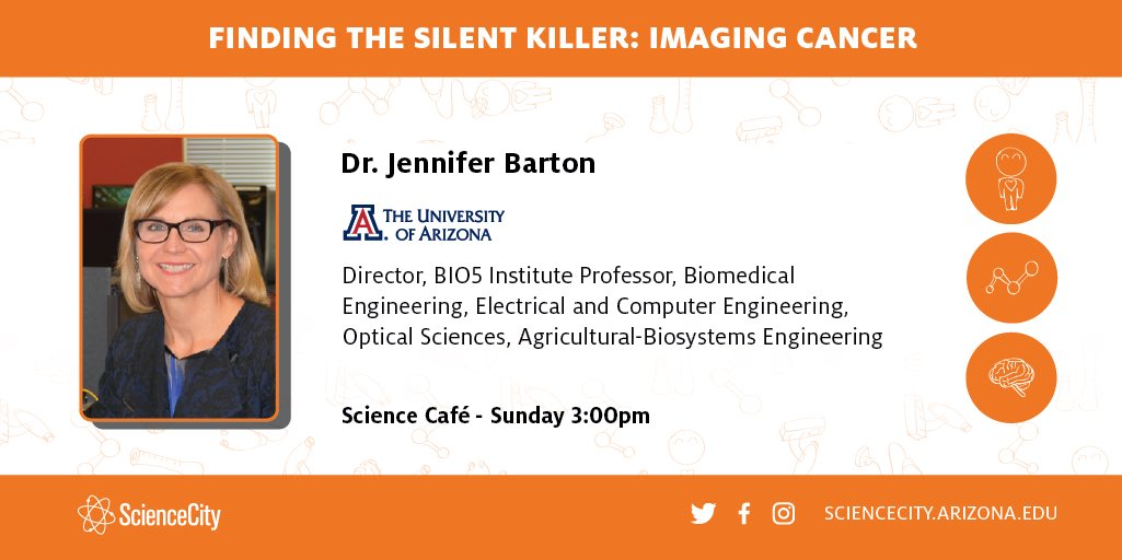 UAZBIO5's tweet photo. Allow us to introduce the Director of @BIO5 โ
Dr. Barton will be speaking on her pertinent #research on a Silent Killer along w/ her work on #Cancer Imaging.
Come to Science Cafe-3pm- for @azengineering @OpticalSciences @UACALS @UofA #scientists world-class talk. #ScienceCity18 https://t.co/LeLIKDiyYA