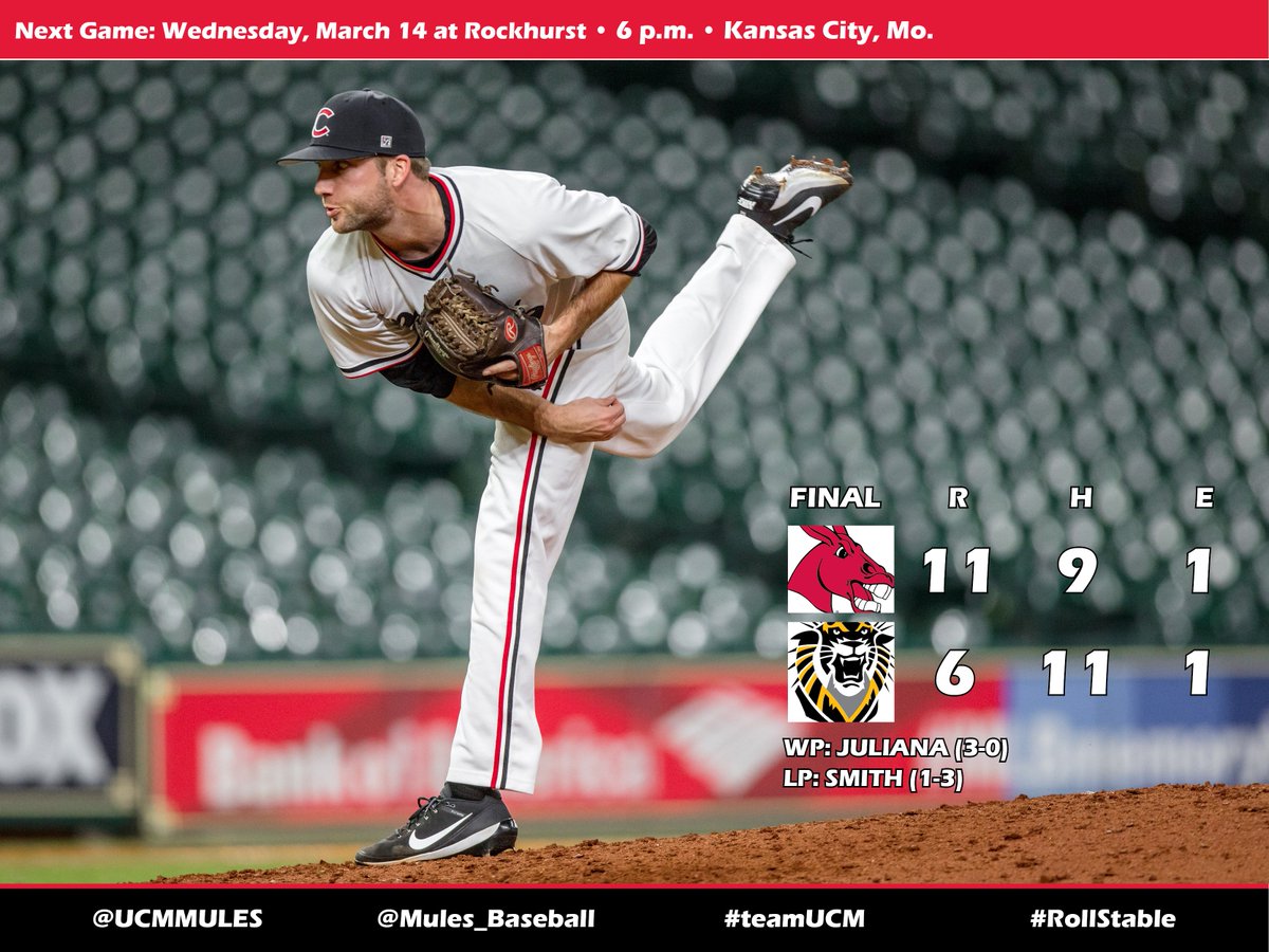 Mules_Baseball's tweet photo. Mules pick up their sixth straight win as they sweep FHSU. Mules score 10-plus runs in all three games against the Tigers. Janvrin goes 2-3 with 2 RBI. Toliver and McCutcheon each go 1-3 with 2 RBI apiece. Juliana with his third W on the hill. #teamUCM #RollStable https://t.co/7T4RuJEaic