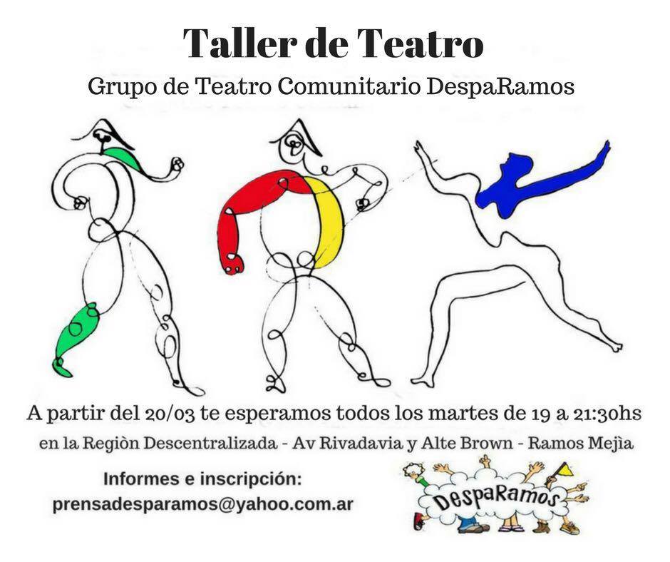 DespaRamos's tweet photo. ¿Querés sumarte a DespaRamos?🎭
👉 Animate y venite el próximo sábado 17 de marzo a las 15.30 hs.
🤩Este año sumamos un taller semanal de entrenamiento complementario los martes a las 19.30 hs.
Te esperamos! #TeatroRamosMejia #TeatroComunitario #Desparamos https://t.co/wwwUI6csVI