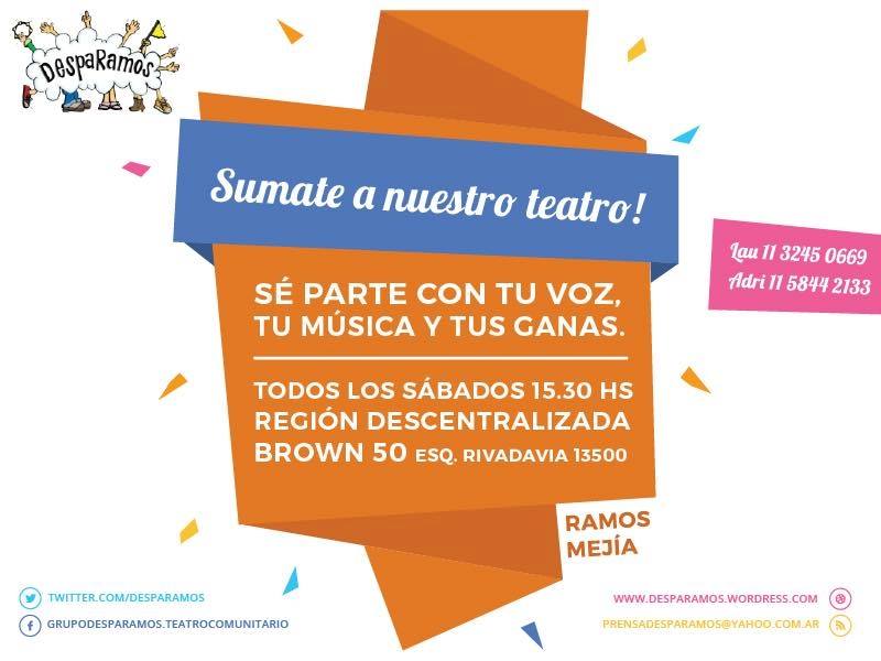 DespaRamos's tweet photo. ¿Querés sumarte a DespaRamos?🎭
👉 Animate y venite el próximo sábado 17 de marzo a las 15.30 hs.
🤩Este año sumamos un taller semanal de entrenamiento complementario los martes a las 19.30 hs.
Te esperamos! #TeatroRamosMejia #TeatroComunitario #Desparamos https://t.co/wwwUI6csVI