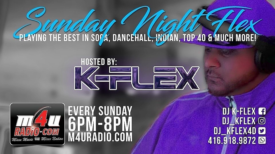 M4URadio's tweet photo. LIVE NOW! . 
#SundayNightFlex w/ @dj_kflex ! Starting at 6pm-8pm.
.
Playing The Best In Soca, Dancehall, Indian, Top 40 &amp; Much More
.
Only on https://t.co/Jxei2A7L9H | You could also download the *M4U Radio* App from Your Apple or Play Store https://t.co/kOwI3TcCQo