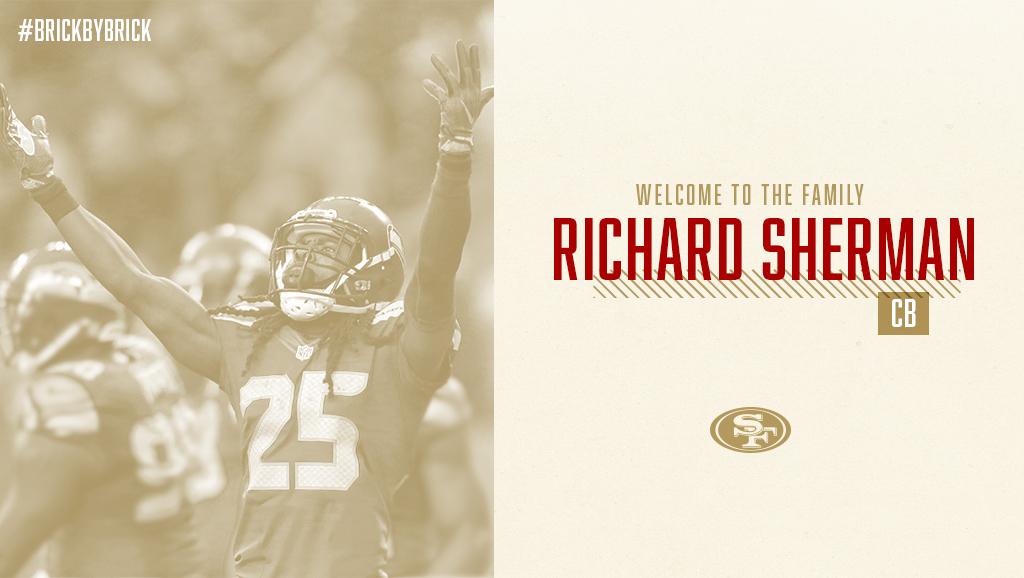 49ers's tweet photo. IT'S OFFICIALLY OFFICIAL! 

Welcome to the family @RSherman_25 https://t.co/tH1Db3stLm https://t.co/itpB77fzGT