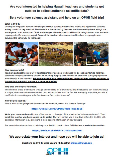 HI_SCB's tweet photo. Be a volunteer science assistant and help on an #OPIHI (Our Project In Hawaii's Intertidal) field trip! Help teachers in surveying algae &amp; inverts in the #intertidal zone. You just need to be a science enthusiast! More info: https://t.co/Ycidl64jvk https://t.co/Ut84fygFNT