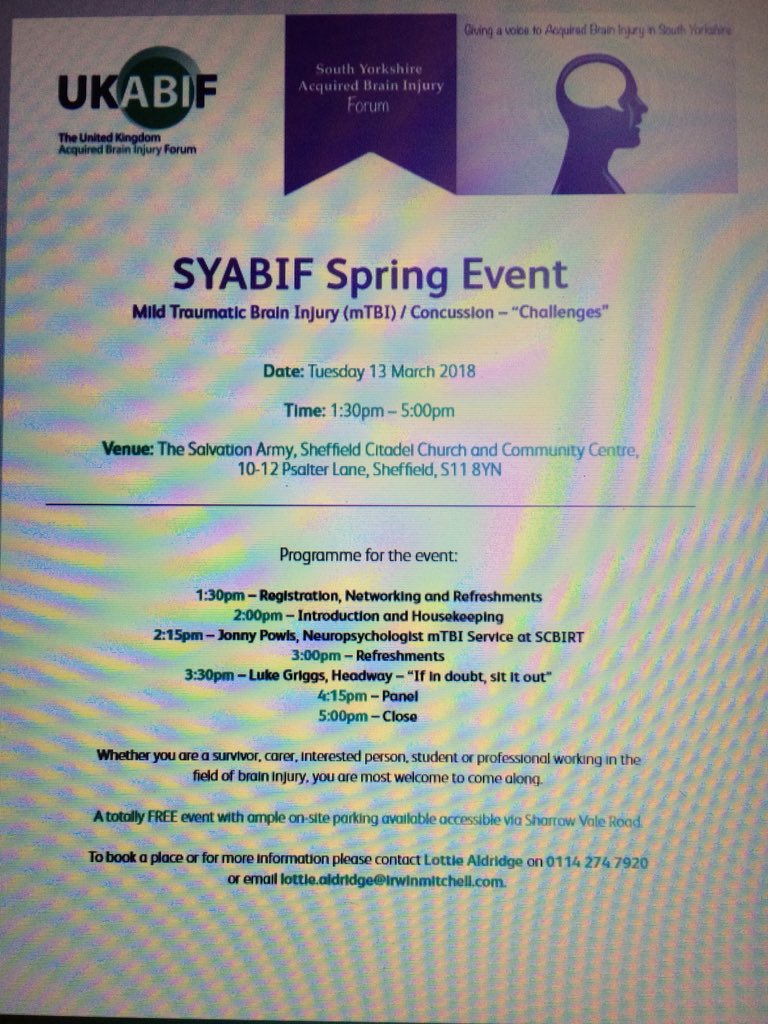 SY_ABIF's tweet photo. The @SY_ABIF Spring Event is on Tuesday, and it’s all about #concusssion and #mildtraumaticbraininjury. #mTBI #sport #sportinjury #braininjury #TBI #SocialMedia #Sheffieldissuper #BarnsleyisBrill #doncasterisgreat #Rotherhamiswonderful https://t.co/jW8vYimEhe