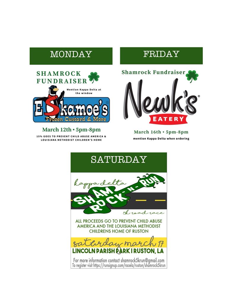 KappaDeltaAX's tweet photo. Shamrock week is FINALLY here and we couldn’t be more excited! If you’re looking for a way to give to a great cause stop by our Eskimoe’s and Newk’s nights this week!! Check the pic below for details ⬇️ 🍀 https://t.co/Lkg96s5nol
