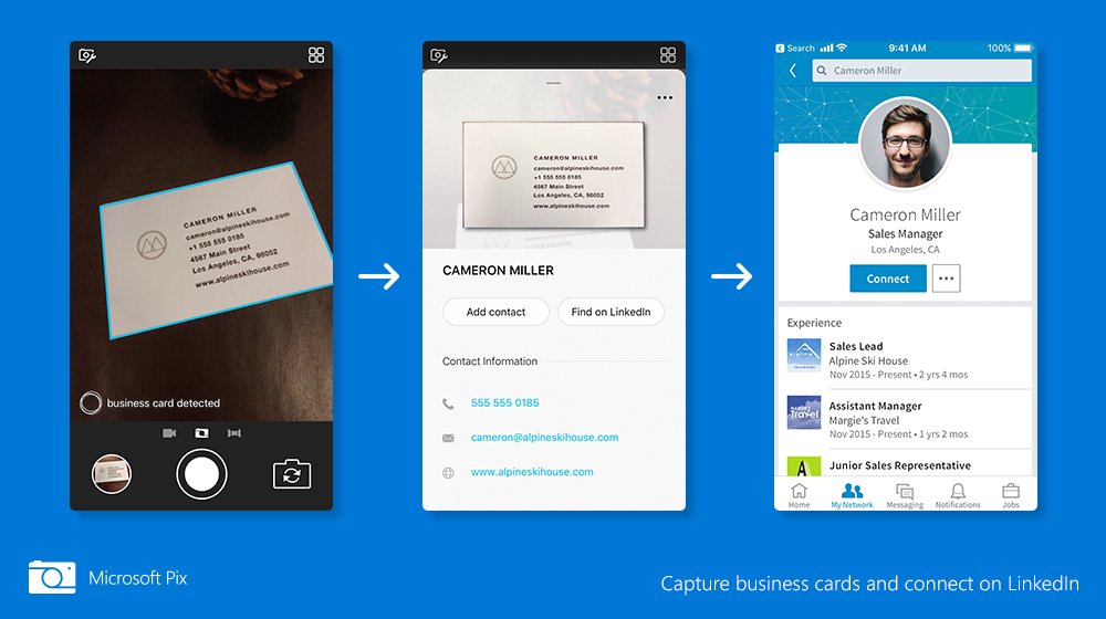 日本マイクロソフト株式会社 ニュース Aiカメラアプリ Microsoft Pix にlinkedin連携機能を追加 撮影した名刺画像から 名前や連絡先情報などを認識 Iphone の連絡先アプリやlinkedin アカウントにコンタクト情報を簡単に追加できます T Co