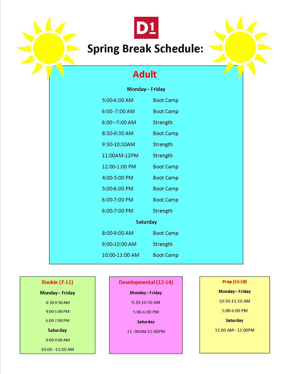 Spring Break is right around the corner and as you know, our doors are always open with only a few minor updates! For your convenience, here’s our Spring Break Schedule! #ExperienceTheD1fference #SpringBreak #WeTrainHere
