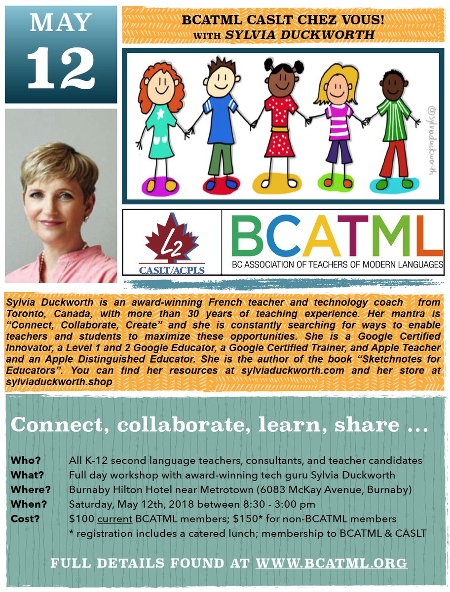 RLavrencic's tweet image. Super excited to announce that .@BCATML will host a @CASLT_ACPLS Chez Vous with @sylviaduckworth Sat. May 12, 2018 in Vancouver. Registration now OPEN! Full details at bcatml.org/bcatml-caslt-c…. #BCATML #langchat #fslchat #teched @bclca @appipc @cpfbc @bctf