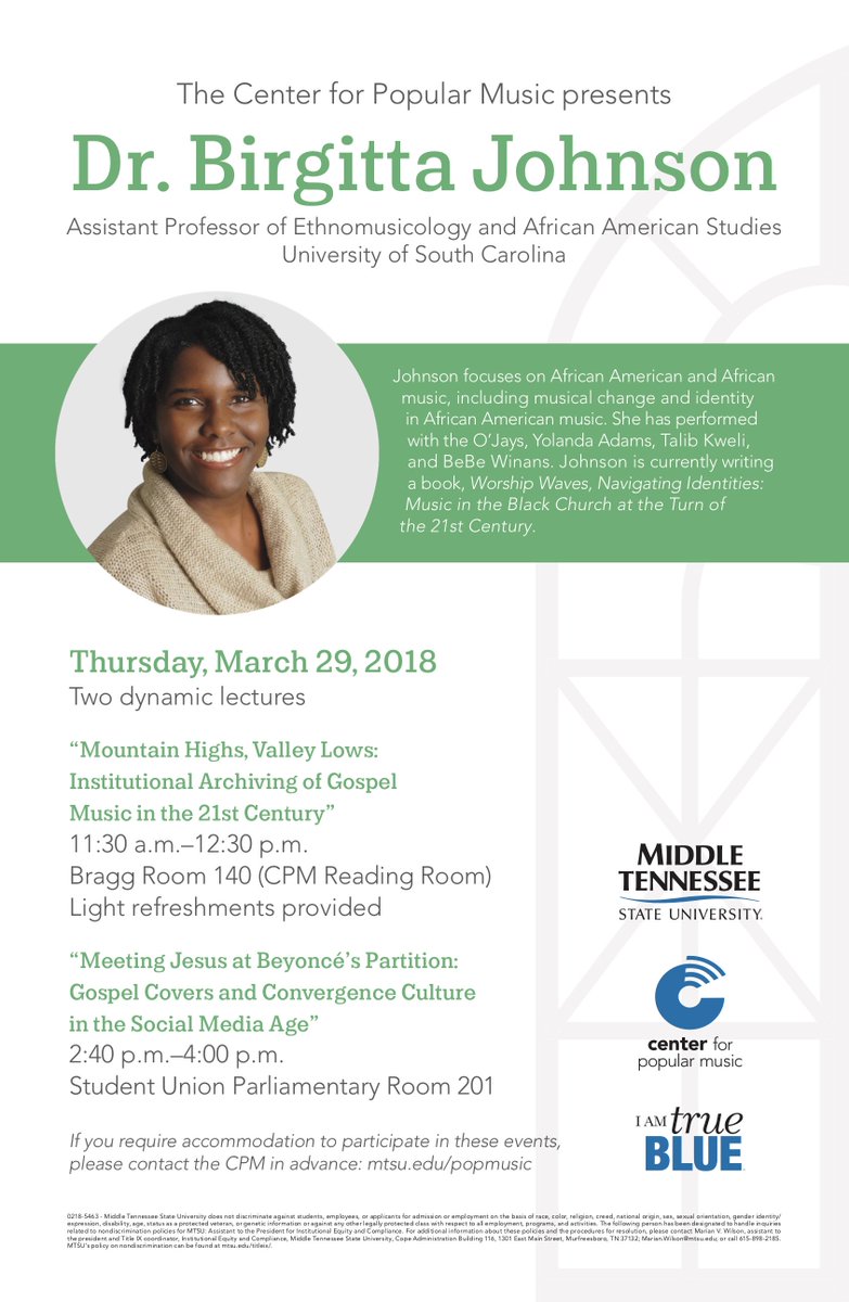 .@center4popmusic welcomes Dr Birgitta Johnson for TWO exciting presentations on March 29. @MTSU_SOM @Sidelines_News @MTSUHonors @mtsuenglish #gospelmusic #archives #Beyonce