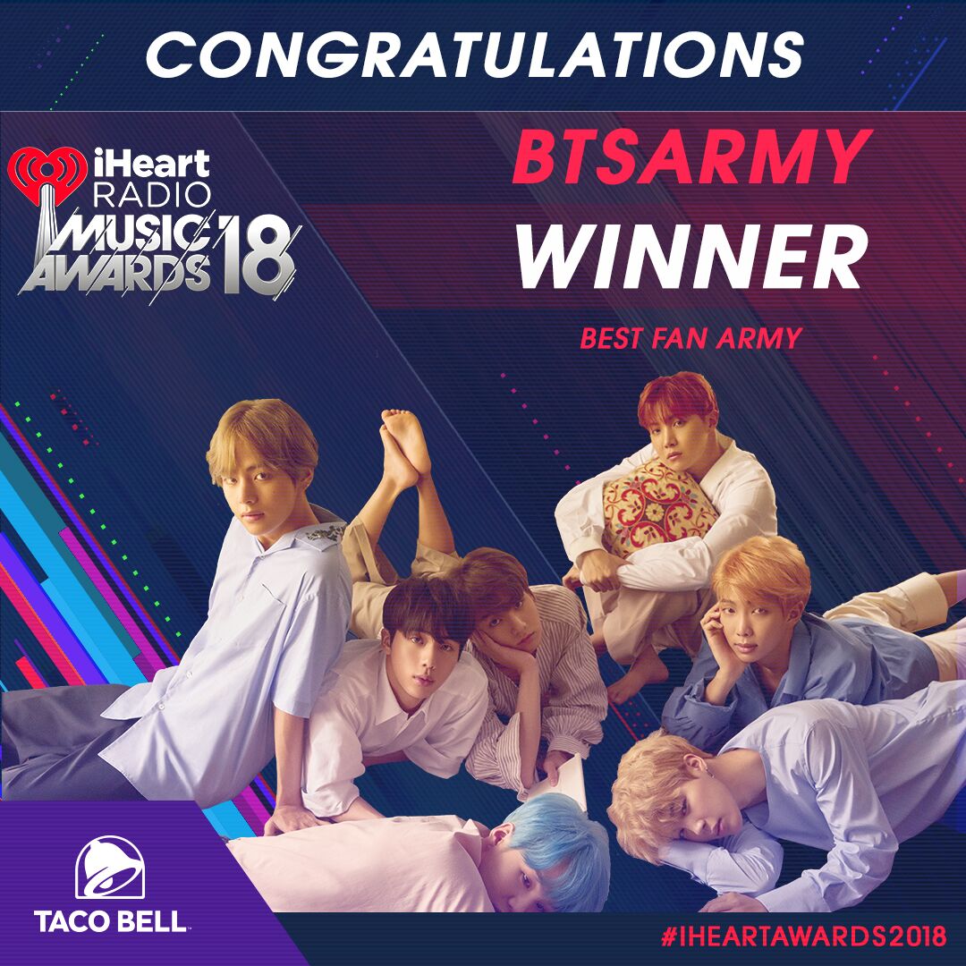 btsanalytics's tweet photo. ARMY, we did it! BTS have won Best Boy Band and we won Best Fan Army at iHeart Radio Music Awards 2018!

Thank you for your efforts. 

🏆🏆 → #방탄아미_아이하트_팬덤상_축하해 https://t.co/EVIQgwnFd8