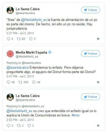 mafeguerrra's tweet image. 2⃣: El caso de un cliente que se quejaba en Twitter del hecho de que le habían vendido un ordenador sin la fuente de alimentación, tuit al que el community manager de Media Markt respondió en tono de burla. #crisisenrs #perdig18 @tareatuitera @Elissaga