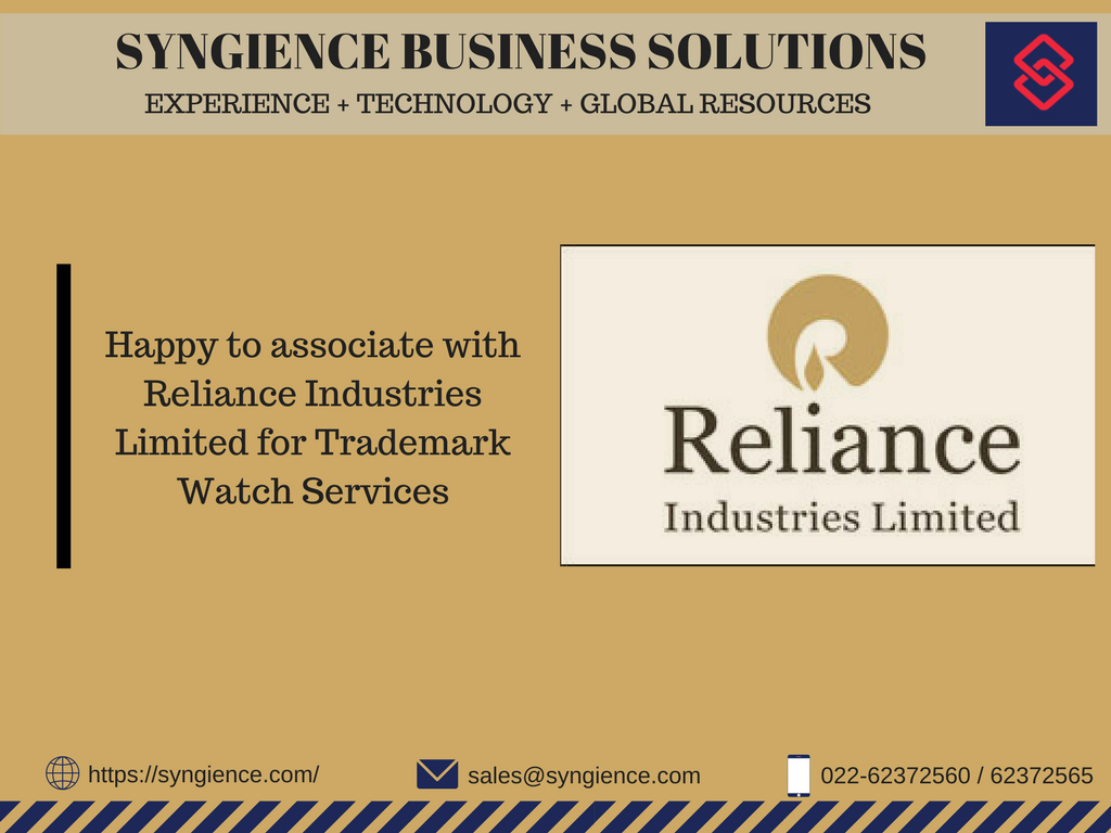 syngience's tweet photo. @syngience is now associated with Reliance Industries Limited for Trademark Watch Services.

Visit: https://t.co/qKrraojPpb

#trademarkregistration #syngiencebusinesssolutions #sbs #trademarkwatchservices #trademarkwatch #tmwatch https://t.co/DxSlwMzW5p