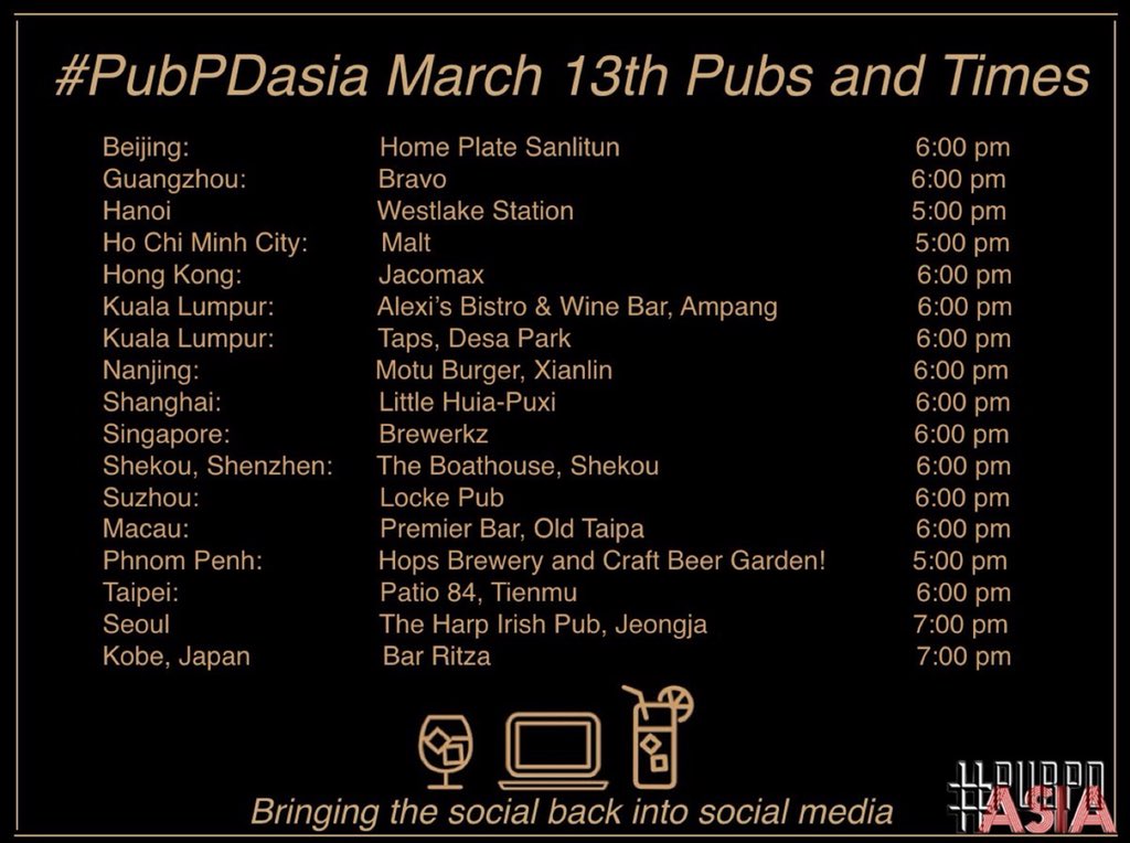 _EdShare's tweet image. Here are your #PubPDasia locations and times for tomorrow&apos;s big day! See u tomorrow at a pub or join us on twitter to &quot;Make Connections&quot;! @kellyed121 @AnneGardon @jandwy @Elag87 @jadeegardner @steven_thin @dorakio @jmayhsieh @chew_ed @awykoo @WLIAO #edtech #adechat #AppleEDUchat