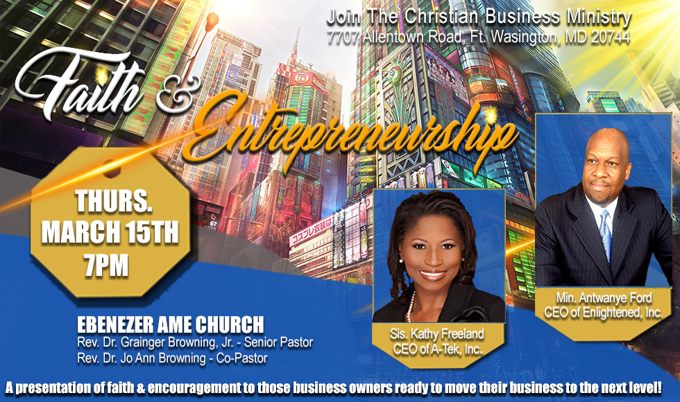 AndreRRogers's tweet photo. Thursday, March 15, 7pm, Join Kathy Freeland, CEO of A-Tek and Antwanye Ford, CEO of @Enlightened_Inc at @EbenezerAME for a transparent conversation about how they leaned on their faith as they lept into entrepreneurship. #MyEbenezer https://t.co/ms1l0YOWg4