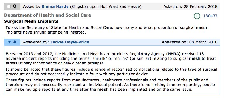 MeshCampaign's tweet photo. The Govt admit that #mesh shrinking is among a "range of recognised complications" but adds it does "not necessarily indicate a fault with any particular device." How is a product shrinking inside a woman's vagina acceptable?
@EmmaHardyMP @OwenSmith_MP https://t.co/QjBcKLuMMz https://t.co/fm54weFnt5