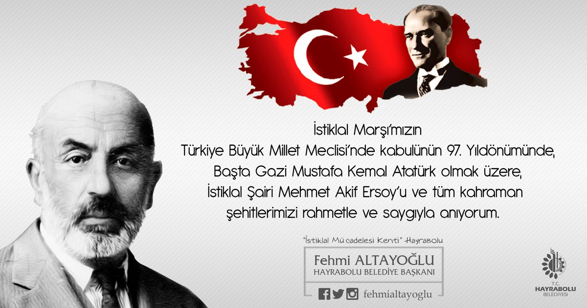 #İstiklalMarşı ’mızın Türkiye Büyük Millet Meclisi’nde kabulünün 97. Yıldönümünde, Başta Gazi Mustafa Kemal Atatürk olmak üzere, İstiklal Şairi #MehmetAkifErsoy ’u ve tüm kahraman şehitlerimizi rahmetle ve saygıyla anıyorum.