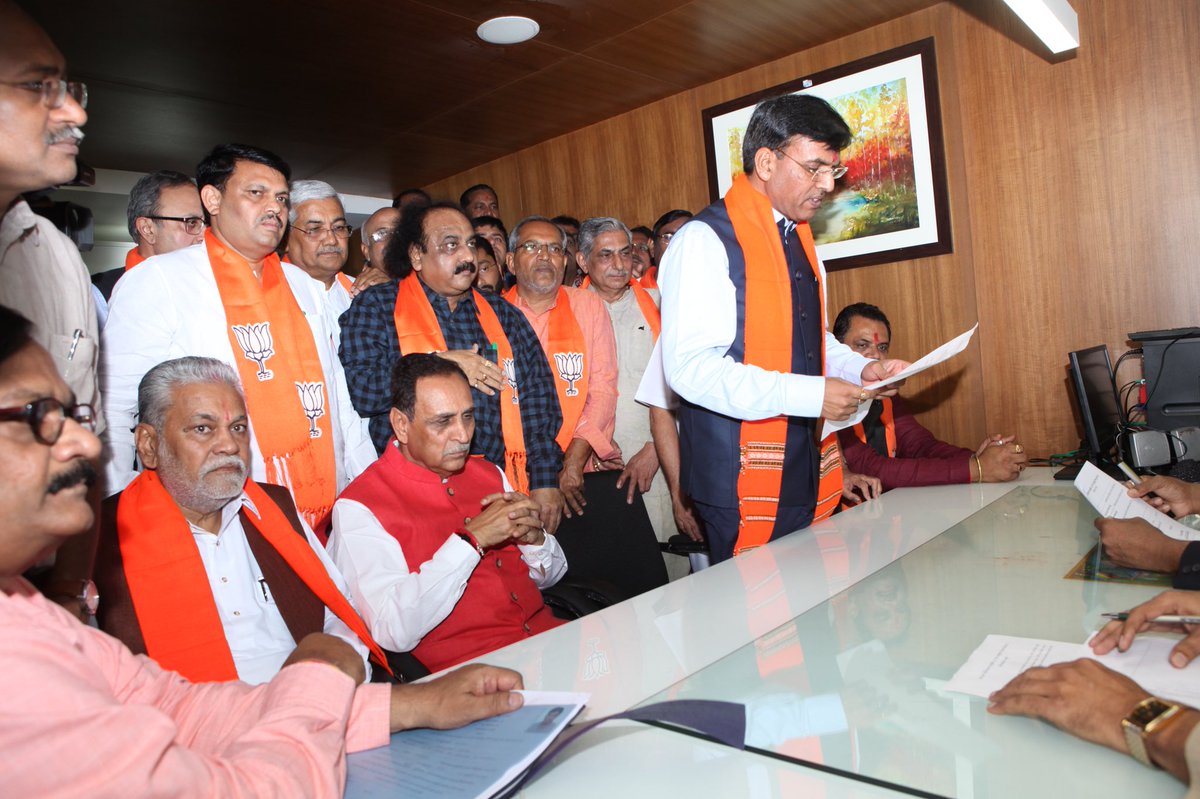 vijayrupanibjp's tweet photo. My Wishes to Shri @mansukhmandviya Ji  &amp; Shri @PRupala Ji on filling their nomination papers for Rajya Sabha election. https://t.co/sAFchxAaRE