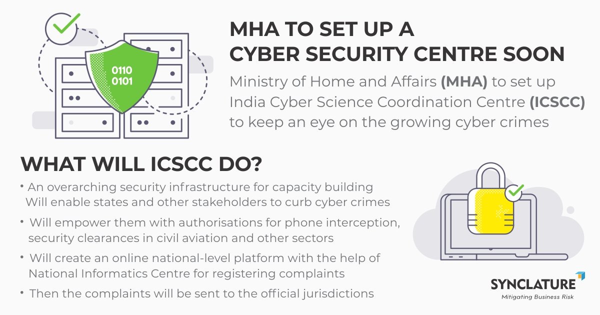 synclature's tweet photo. Ministry of Home and Affairs to set up India Cyber Science Coordination Centre to keep an eye on the growing cyber crimes.
#CyberSecurity #InfoSecurity #MHA #DigitalIndia @_DigitalIndia #ICSCC #Centre #India #CyberCrimes #CyberAttacks https://t.co/f1XyobN22p