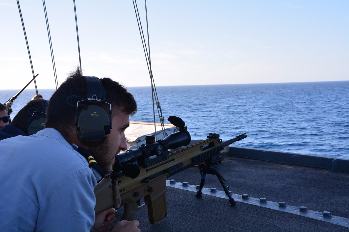 Small arms gunnery training on board F931 Louise-Marie during NATO exercise #DynamicManta. Also our marksmen need to consolidate their skills and competences #WeAreNATO