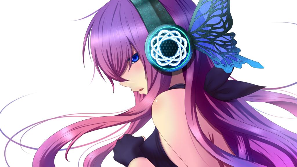 anime girl with purple hair and headphones