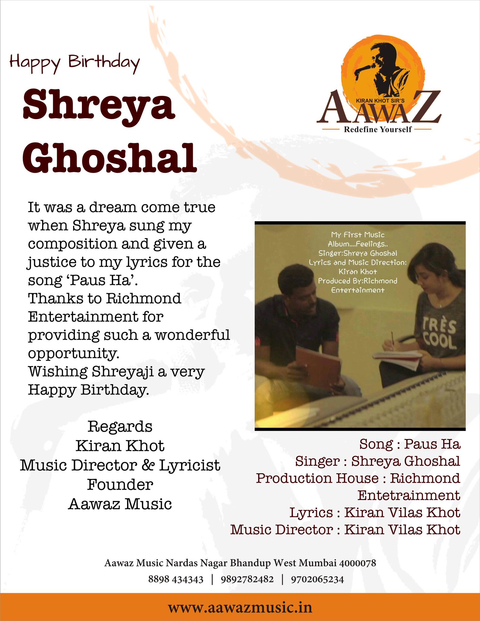 Happy Birthday Shreya Ghoshal from Team Aawaz To get trained from Mu..For more info visit...  