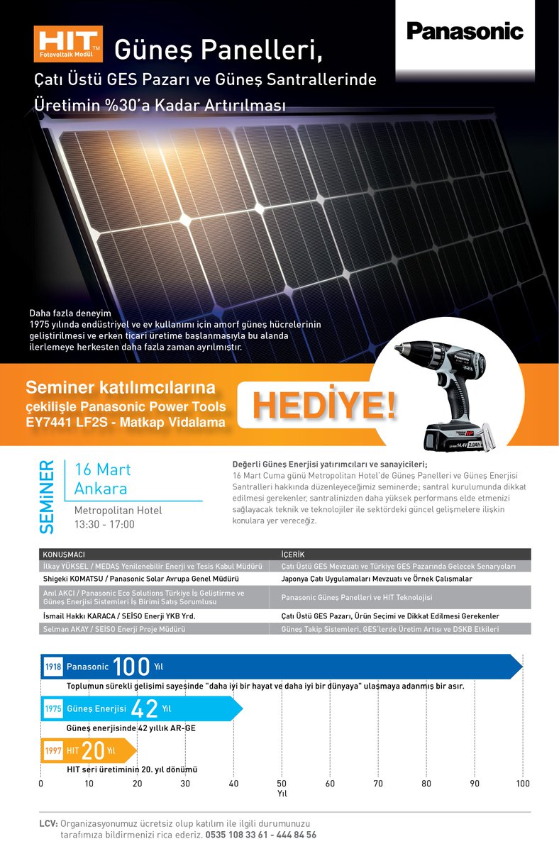seisoenergy's tweet photo. Güneş Panelleri, Çatı Üstü GES Pazarı ve Güneş Santrallerinde Üretimin %30'a Kadar Arttrılması konulu seminerimize davetlisiniz !
Seiso-Panasonic ortaklığında gerçekleşecek seminerimiz 16 Mart 2018 günü Ankara'da !
Katılım ücretsizdir.
LCV: 0535 108 33 61 https://t.co/yjep1ADhtj