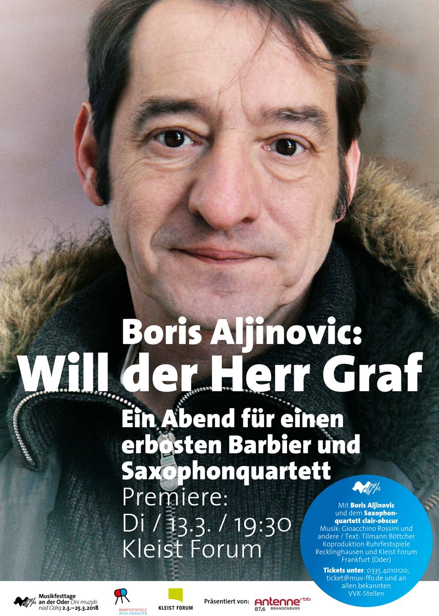 Morgen um 19:30 feiert „Will der Herr Graf“ #Premiere - #BorisAljinovic bringt mit dem #saxophonquartett #clairobscur die Geschichte vom „Barbier von Sevilla“ auf die Bühne! 
#theater #lesung #konzert #musikfesttage #kleistforum #frankfurtoder