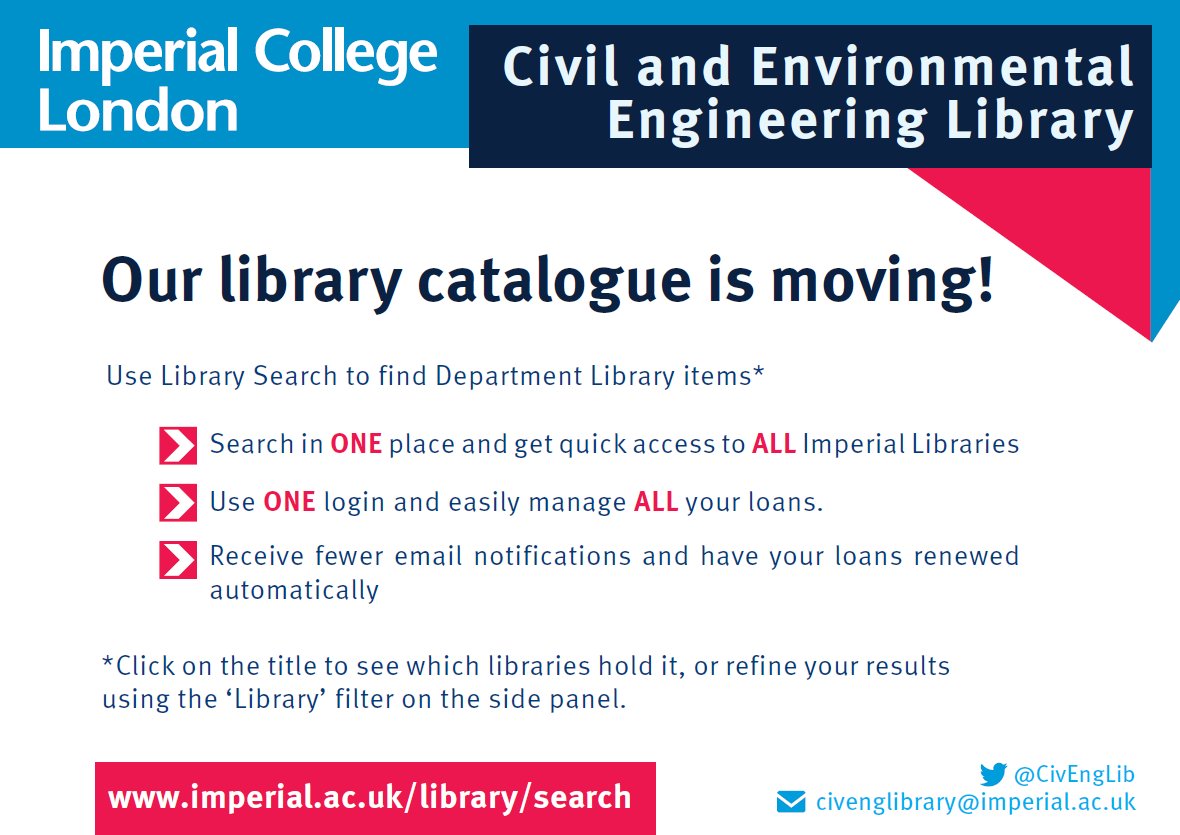CivEngLib's tweet photo. Our online library catalogue is moving! From the week beginning March 26th you will be able to find our books in Library Search: https://t.co/60taNoO8EQ https://t.co/yDsvat1IG0