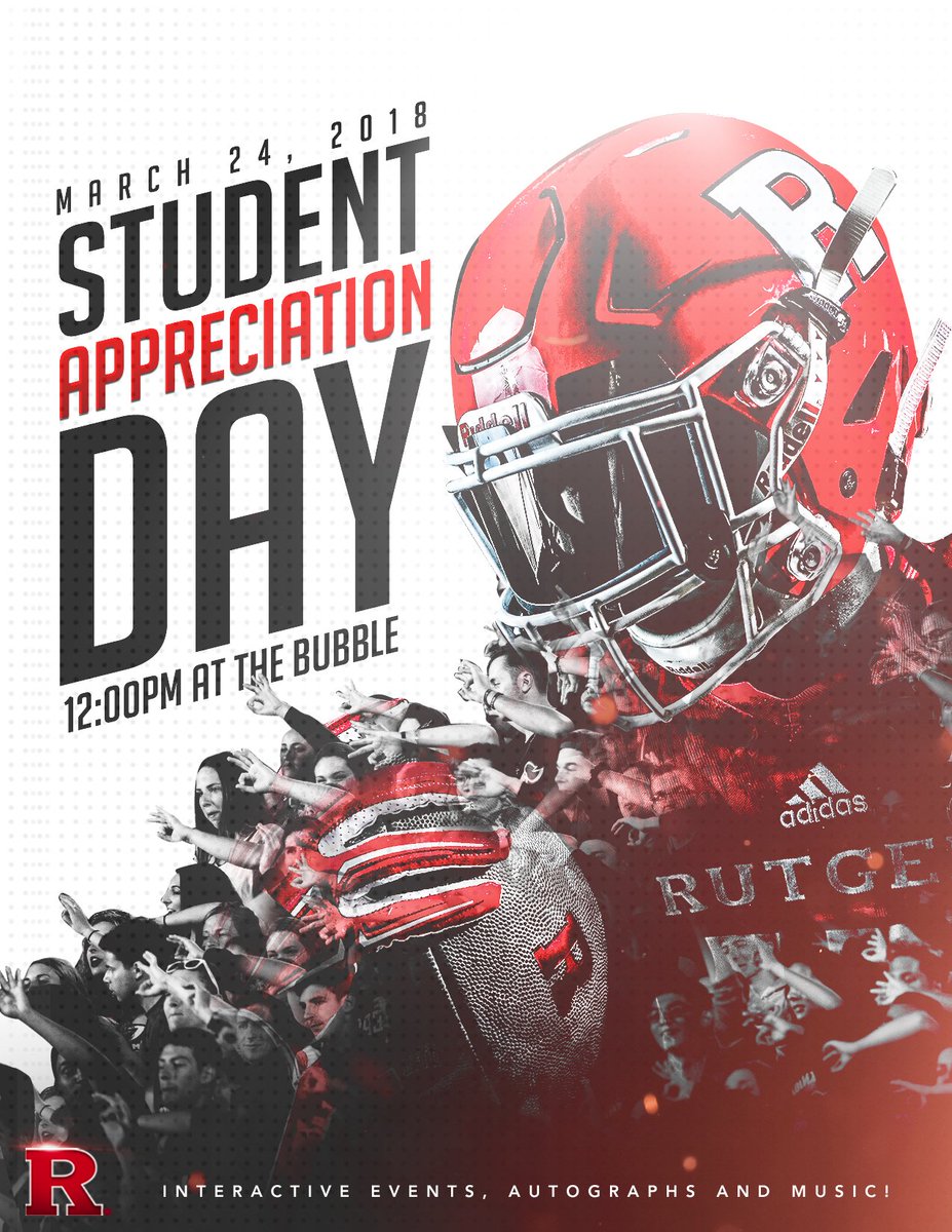Rutgers Scarlet Knights (@ruathletics) on Twitter photo Student Appreciation Night is back! First one is March 21, 6 PM @ Livi Dining Hall. <a href="/CoachChrisAsh/">Chris Ash</a> will be handing out all kinds of swag 👕🎒🧢
... and mark your 📆 for Student Appreciation Day with <a href="/RFootball/">Rutgers Football 🪓</a> on Saturday, March 24 @ Noon 🕰. Start training now <a href="/RURiotSquad/">Rutgers Riot Squad</a>! Student Appreciation Night is back! First one is March 21, 6 PM @ Livi Dining Hall. <a href="/CoachChrisAsh/">Chris Ash</a> will be handing out all kinds of swag 👕🎒🧢
... and mark your 📆 for Student Appreciation Day with <a href="/RFootball/">Rutgers Football 🪓</a> on Saturday, March 24 @ Noon 🕰. Start training now <a href="/RURiotSquad/">Rutgers Riot Squad</a>!