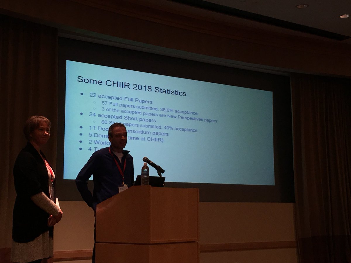 Falk and Katriina discussing #chiir2018 program. Full paper acceptance 38%. @ACM_CHIIR @sigirf