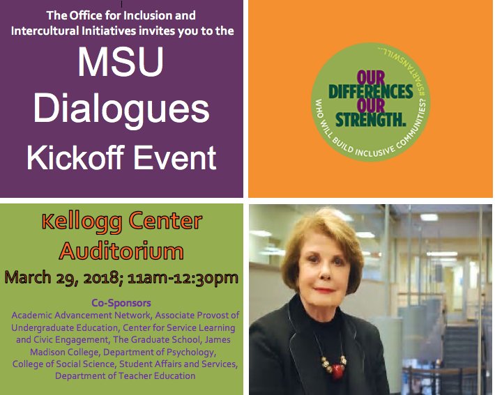 MSUInclusion's tweet photo. Dr. Patricia Gurin will discuss "Crossing Racial and Social Divides" on March 29 at 11 a.m. in the @KelloggCenter auditorium. This free, special event is part of the launch of the #MSUDialogues program. Register by March 15 at https://t.co/PinpOrPDhh … #InclusiveMSU https://t.co/37343NsKwX
