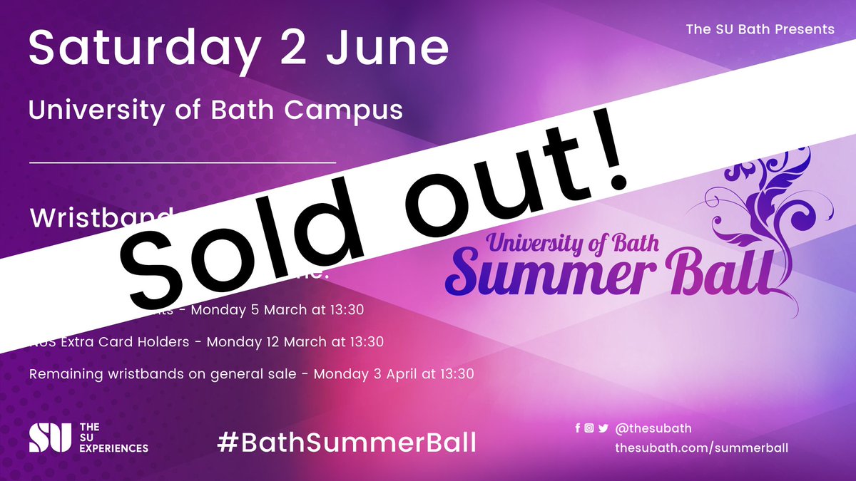 thesubath's tweet photo. In unbelievable record time all Summer Ball wristbands are sold out! ๐#BathSummerBall #soldout https://t.co/YhXAso9Vat