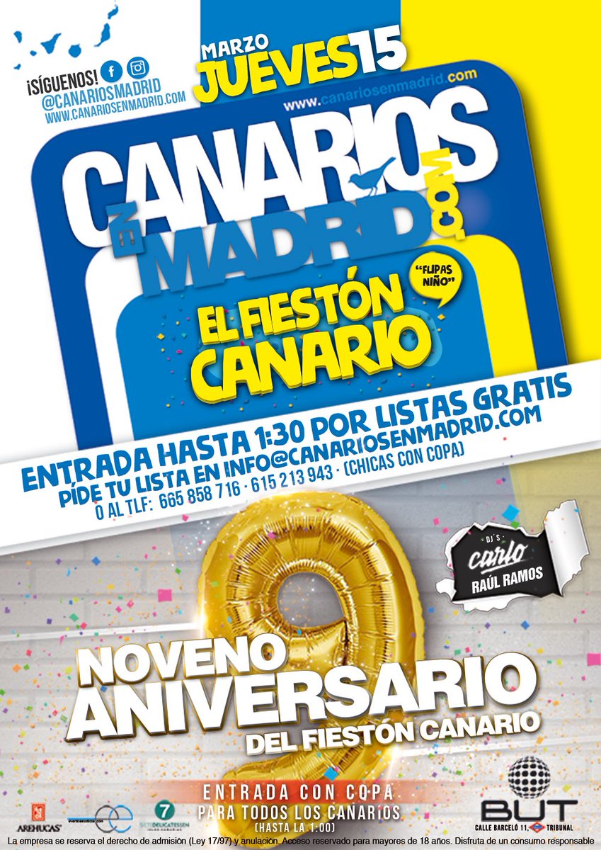 ¡9º ANIVERSARIO! Este Jueves 15 celebramos los 9 años trayendo sabor isleño a la capital con el #FiestónCanario La fiesta universitaria más longeva y legendaria de #Madrid. Listas GRATIS (chicOs canarios y chicAs con copa) al 665 858 716 😋🇮🇨