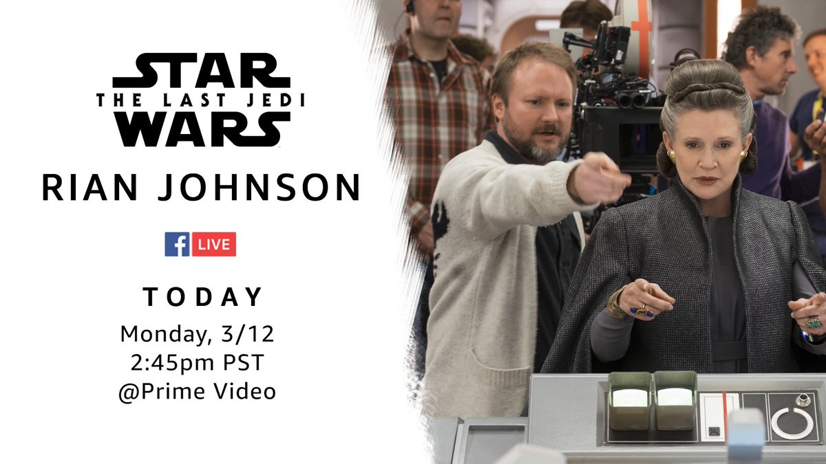PrimeVideo's tweet photo. Just a few more hours until our Facebook Live Q&amp;A with @starwars #TheLastJedi director @rianjohnson! Send your Q's now with #AskRianJohnson for a chance to have them answered live. #SXSW https://t.co/SpUDPYbkpH