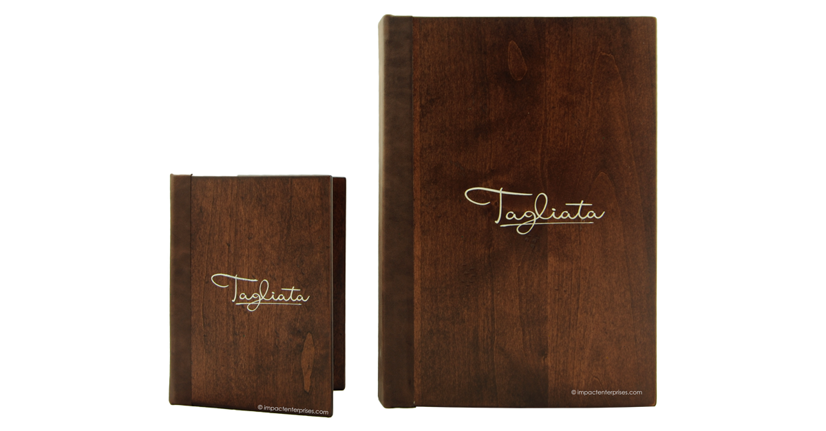 ImpactCovers's tweet image. The set of matching wine and cocktail list covers for Tagliata is constructed from panels of stained solid wood with a faux leather spine. #menucovers #restaurants #winebar