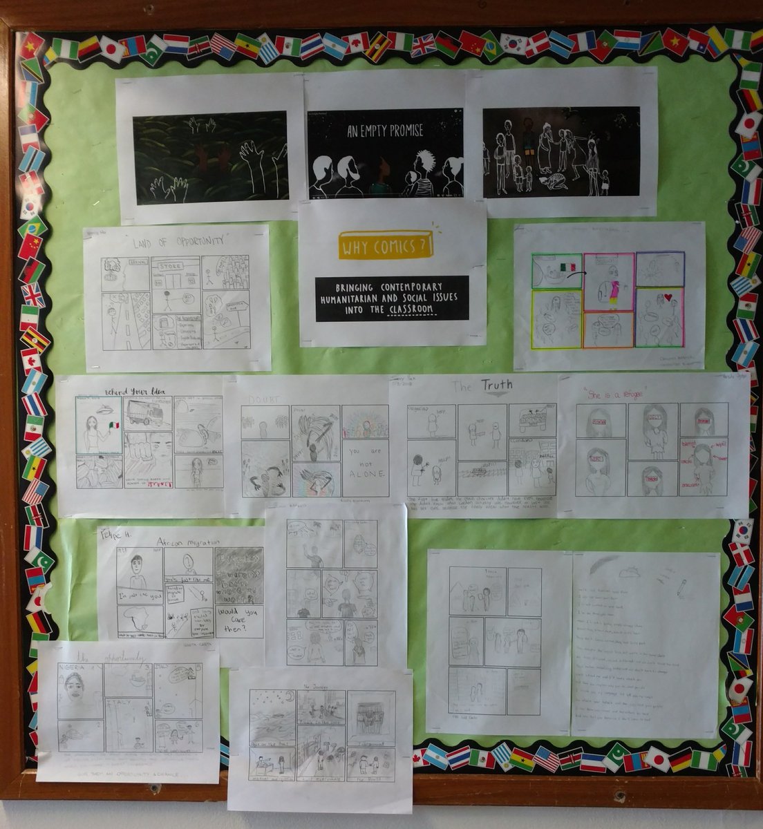 Naomi_Barbour's tweet photo. Come by HS 4th Floor to see the artwork by #MultilingualLearners from the @WhyComicsOrg and @PosNegOrg workshops. #aeLincoln #aelpd #HSLangAndLearning https://t.co/YXfVwHWRUS