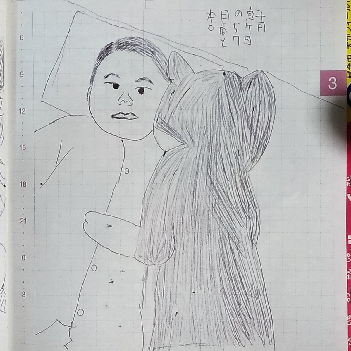 山本暢行 Nobuyuki Yamamoto 本日の息子 大きな のぬいぐるみに襲われる どやさ ほぼ日手帳 一日一ｏ氏 1日1息子 似顔絵 赤ちゃん Baby 画伯 イラスト 絵 ほぼ日 今くるよ にゃん太添い寝ぬいぐるみ