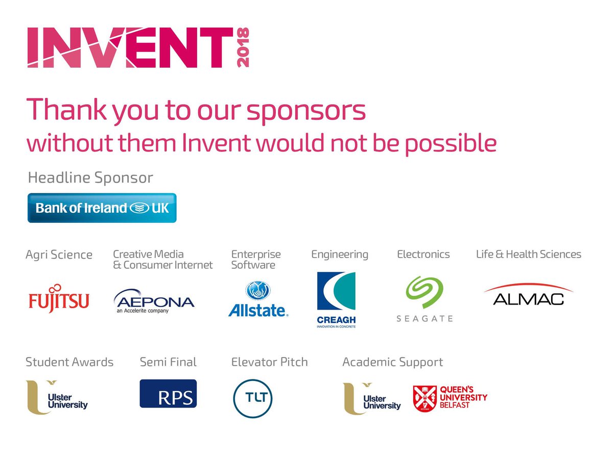 CatalystNI_'s tweet photo. We would like to extend our thanks to our  #Invent2018 sponsors. Remember, applications for Invent close on Friday 23rd March https://t.co/CoYAc6umXQ https://t.co/qP1CTH9K1L