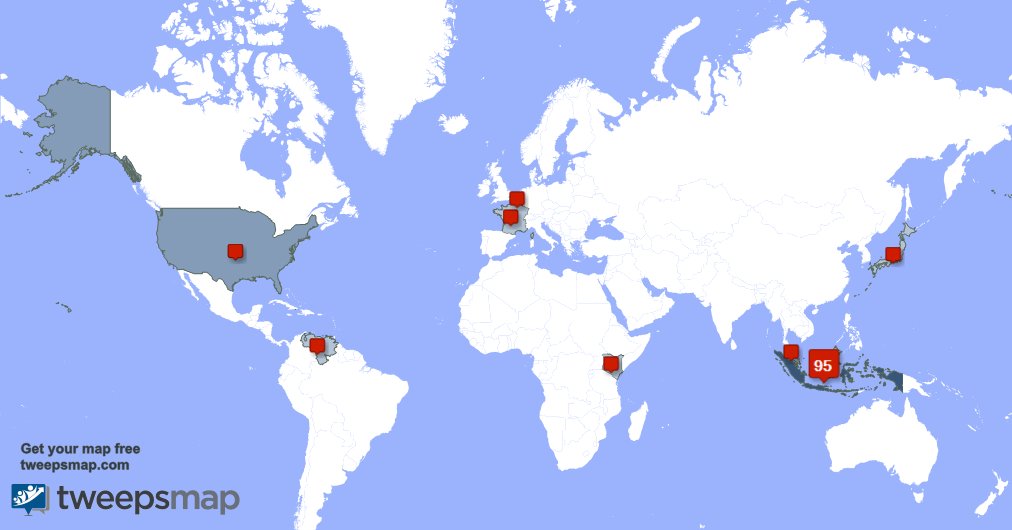 My followers are in Indonesia(93%), USA(2%)... Get your map too: tweepsmap.com/!jemilua_007