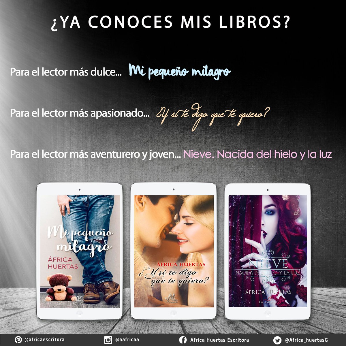 Africa_huertasG's tweet photo. Disponibles en amazon, iTunes, play store y en papel en librerías. Pide tu ejemplar y déjate llevar por sus historias #áfricahuertas #ysitedigoquetequiero #mipequeñomilagro #nieve https://t.co/2jQV5FWpuk