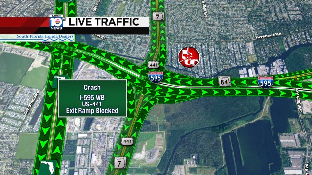 CRASH: I-595 WB & US-441. The exit ramp is blocked due to the crash. #TRAFFIC https://t.co/iMA7hYeh7O