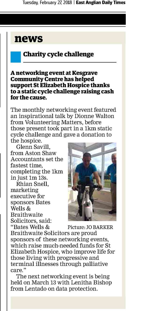 KWMCCKesComm's tweet photo. In the paper with our #Ridefest challenge. 
Thank you to those who took part &amp; well done to Glenn from @AstonShaw who won our challenge. more #networking tomorrow with sponsors @BWBIpswich guest speaker Lenitha from @Lentadouk  expert advice on GDPR.
Supporting @StElizabethHosp https://t.co/QJHTev7NNP