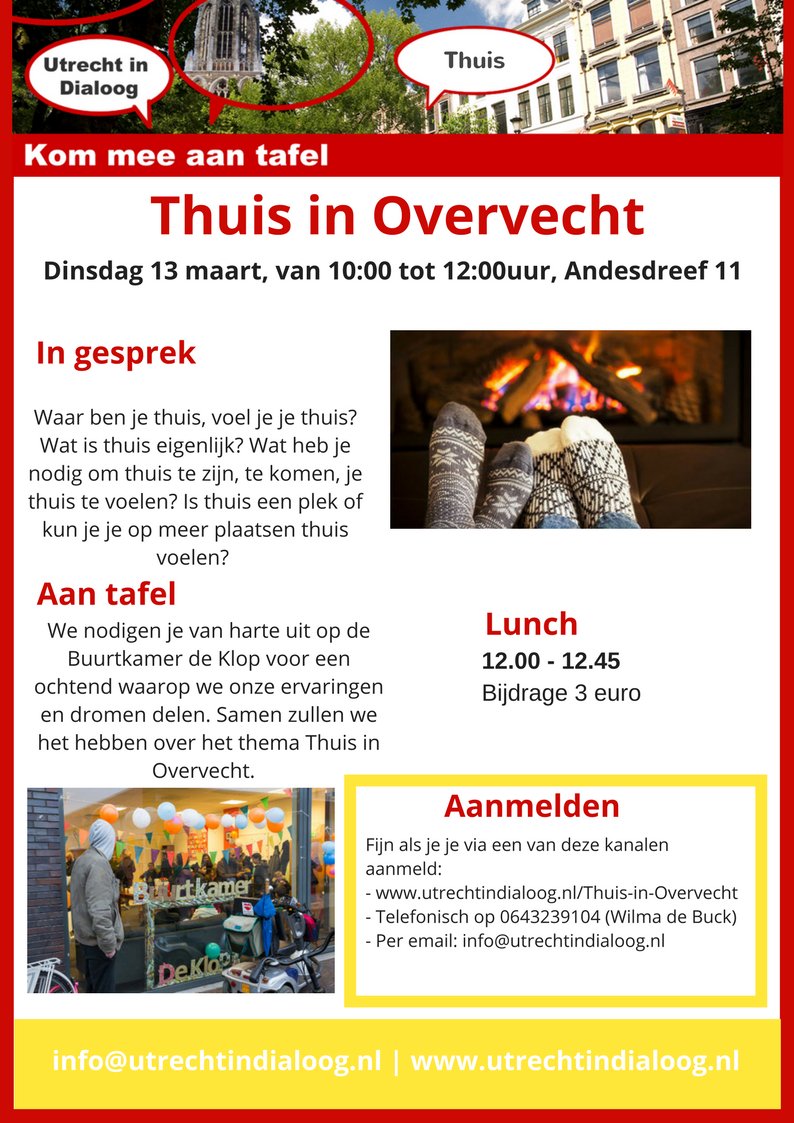 Morgen om 10:00u gaan we in dialoog in Buurtkamer de Klop over het thema 'Thuis in Overvecht'. Waar is je thuis? Wanneer ben je thuis? Ben je thuis in Overvecht? Graag delen! Doe mee: bit.ly/2FBMblb  <a href="/SamenOvervecht/">SamenOvervecht</a> <a href="/uget2gether/">Uget2gether</a> @WijkEnCoOVZ @WijkEnCoOVN <a href="/JoU_Overvecht/">JoU_Overvecht</a>
